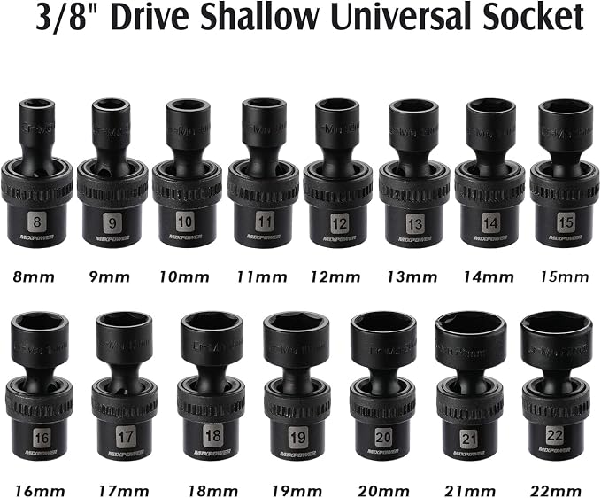 MIXPOWER 15-piece 3/8" Drive Shallow Universal Impact Socket Set, 6 Point, Metric, 8-22mm, CR-MO, Swivel Socket With Flexible Wobble…