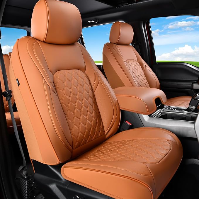 Huidasource F150 Truck Seat Covers Fit for 2015-2026 Ford F150 & 2017-2026 F250 F350 F450 Crew Cab XL XLT Lariat King Ranch Platinum, Full Coverage Leather Automotive Seat Cover(Full Set/Brown)