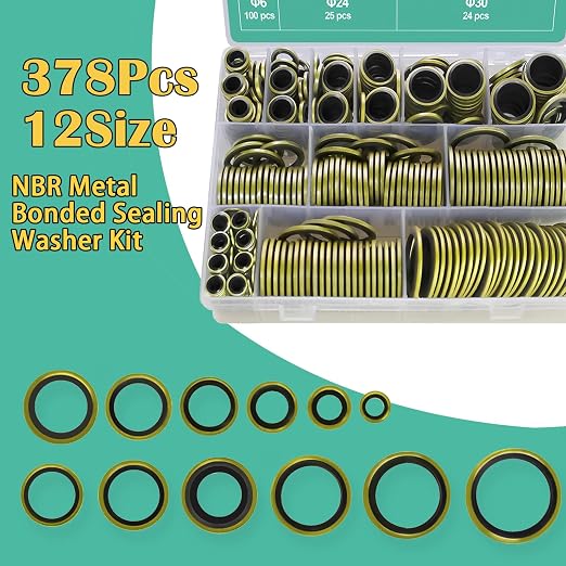 XBVV 378 Pcs NBR Metal Bonded Sealing Washer Assortment Kit M6 M8 M10 M12 M14 M16 M18 M20 M22 M24 M27 M30 Automotive Self-Centred Seal Gasket Repair Set