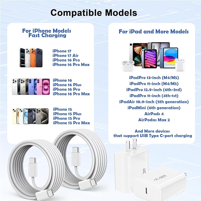 40-60W Fast USBC Charger iPhone 17 Fast Charging,[2Pack] 6Feet USB C to USB C Cable Braided Cord,Wall Charger USB Type C iPhone Charger for iPhone 17/17 Air/16/15 Pro/ProMax/iPadPro 12.9"/11",iPadAir