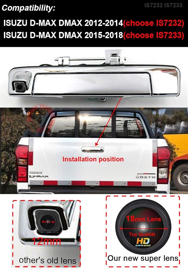 1280*720 Pixels HD Car Rear View Trunk Handle with Switch Parking Rear view Reverse Back up Camera, Replacement for ISUZU D-MAX DMAX 2012-2014 /ISUZU D-MAX DMAX 2015-2018 (With 7-inch rearview mirror)