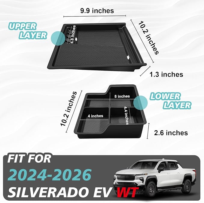 BestEvMod 2PCS Front Center Console Organizer Compatible with Chevrolet Silverado EV WT 2026 2025 2024 Pickup Armrest Storage Box Divider Trays NOT Fit ICE or RST/LT Models (Front Console)