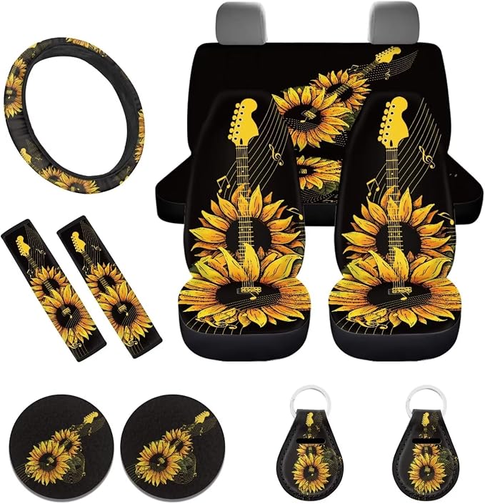 POLERO Music Note Sunflower Guitar Car Front and Rear Bench Seat Cover Full Set for Music Lovers Teachers 11pcs Car Accessories