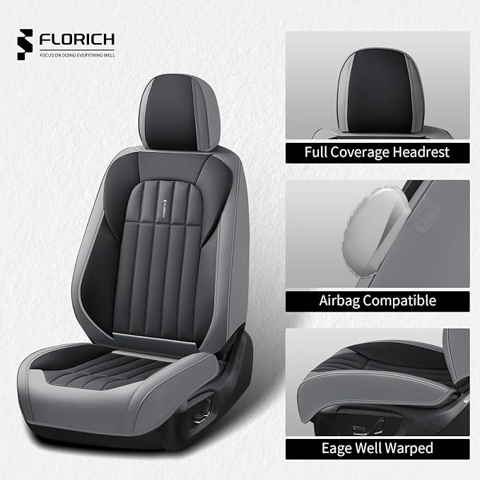 FLORICH Seat Cover, Leather Car Seat Covers Full Set, Waterproof Car Seat Protectors 5 Seats, Front and Rear Seat Covers for Cars, Automotive Seat Protector Fit for Most Sedans SUV Truck - GrayBlack