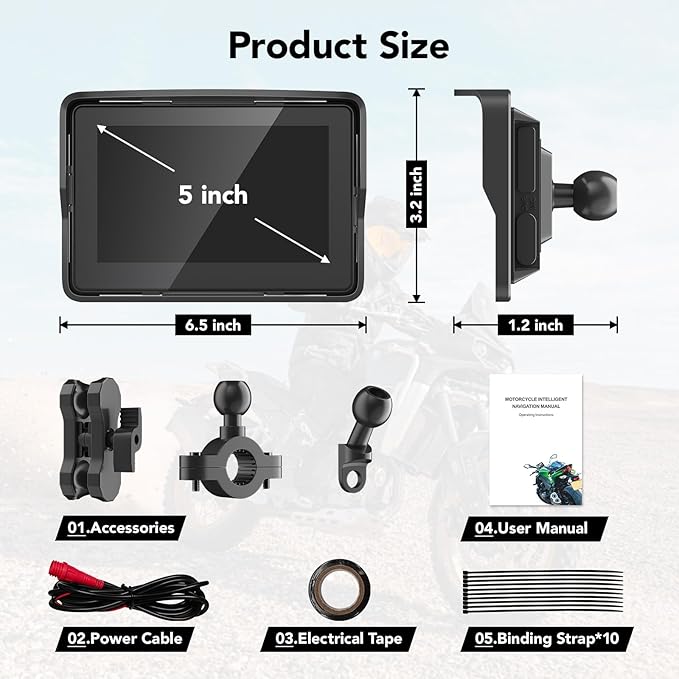 YZW Portable Wireless Motorcycle Apple Carplay & Android Auto, Motorcycle Carplay IP67 Waterproof GPS Navigation System, 5" Motorbike Touchscreen, Support Dual Bluetooth, EQ, Siri/Google Assistant
