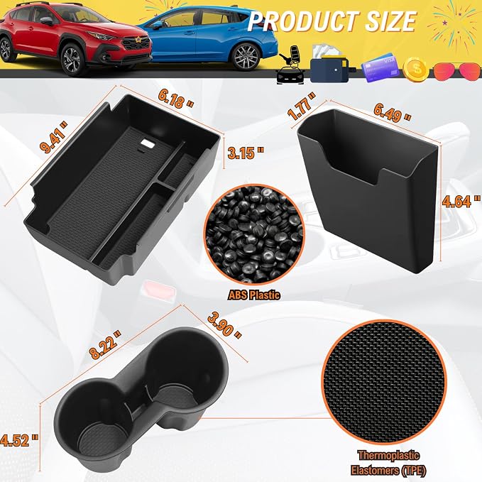 3Pcs Center Console Organizer Compatible with Subaru Crosstrek Wilderness 2026 2025 2024 Impreza Interior Accessories - Center Console Storage Box Tray & Cup Holder Liner Insert