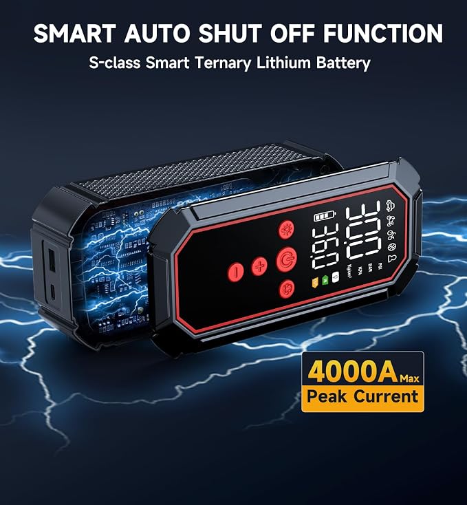 Portable Jump Starter with Air Compressor - 4000A Winter Car Battery Booster for SUVs & Trucks, Road Trip Essential with Tire Inflator & Power Bank for Interstate Travel