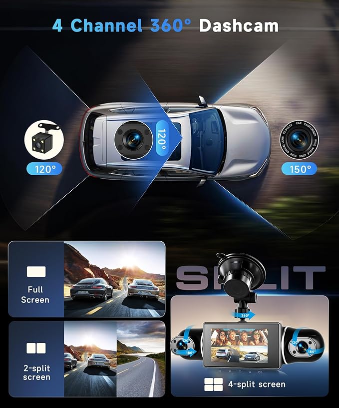 4 Channel 360 Dash Cam Front Rear Inside Left Right 3 Inch 2K Car Dash Camera with WiFi Night Vision Motion Detection 24H Parking Mode Loop Recording Reverse Monitor Without 64G TF Card