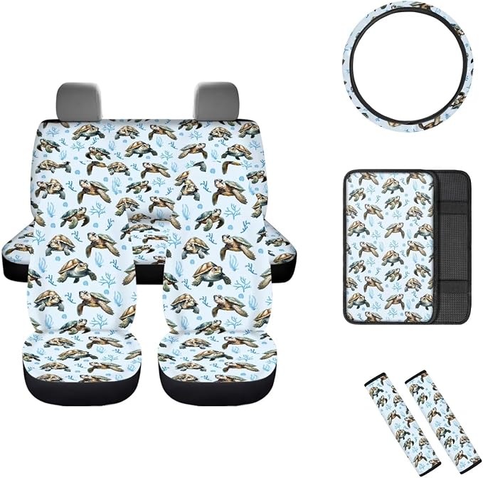 Mumeson Turtle Print Car Accessories Set for Womens Car Seat Covers with Steering Wheel Cover/Seat Belt Pads/Auto Armrest Cushion Full Set 8 Pack Interior Decoration