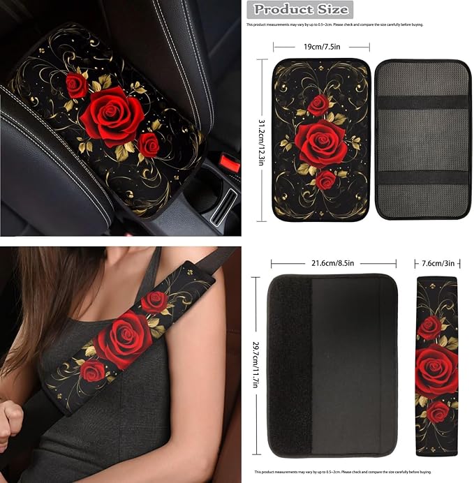 Red Rose Car Seat Covers Full Set for Women with Steering Wheel Cover Seat Belt Cover Pad Cup Car Coasters Trash Can Car Headrest Pillow Covers Armrest Pad,15 Pcs Set