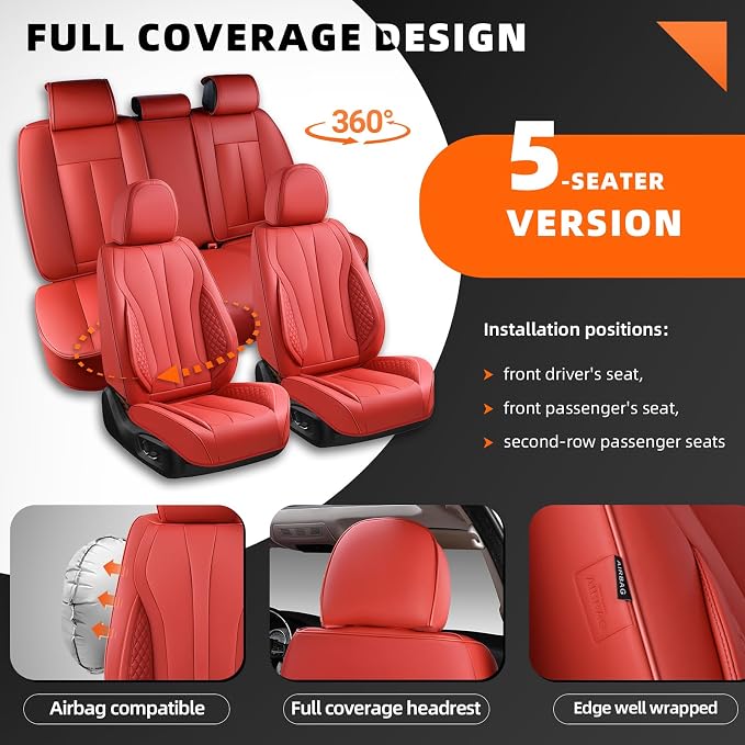 5-Seater Car Seat Covers Full Set, Fit for Front and Rear Seats of Cars, Waterproof and Breathable Nappa Leather, Compatible with Airbags, Car Seat Protector Covers for Most Cars - Wine red