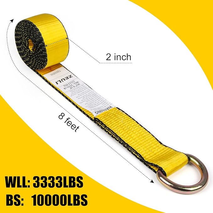2” x 8’ 8-Pack Lasso Strap with D Ring Auto Tie Down for Wheel Lift, Trailer, Tow Truck