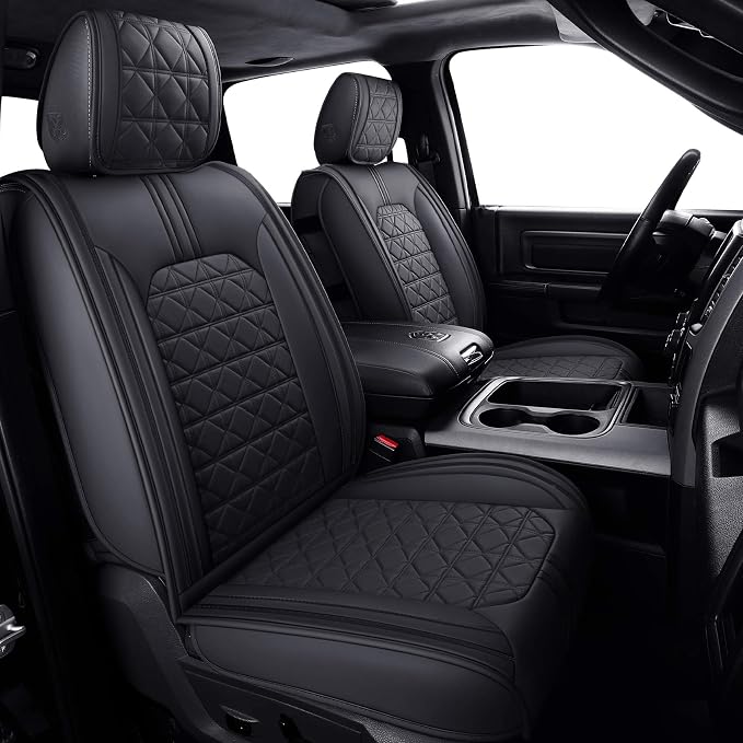 YIERTAI Dodge RAM Seat Covers Fit for 2009-2023 2024 2025 2026 1500/2500/3500HD Pickup Front Seats Only Crew Double Cab Quad Cab Waterproof Leather Seat Covers(2 PCS Front only/Black)