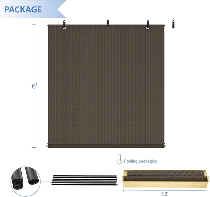 E&K Sunrise 8'W x 6.5'H Roll Up Shade Outdoor Roller Shade Blind Sun Shade UV Block for Patio Porch Backyard Gazebo Deck Pergola (Brown)