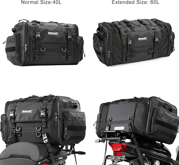 Rhinowalk Motorcycle Saddle Bag Motorbike Tail Bag Waterproof Expandable Pannier Bag Powersports Travel Luggage 60L (Black)