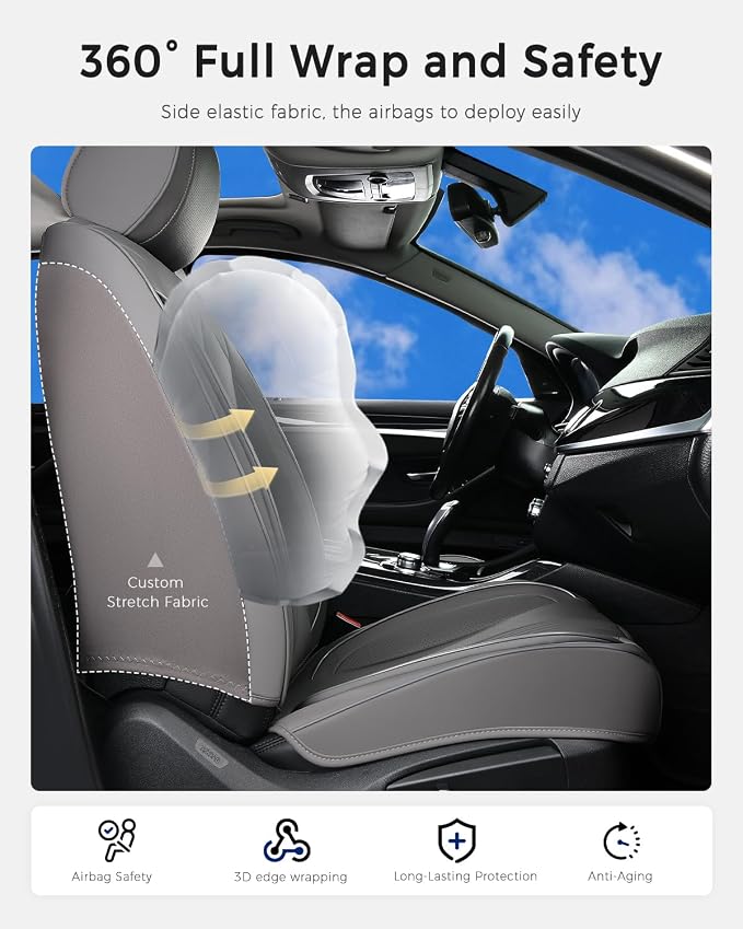 Huidasource Gray Front Seat Covers, Car Seat Covers Front Seats Nappa Leather with Lumbar Support, Side Elastic Fabric, Airbag, Ventilation ＆ Heating, Universal Fit for Most Vans Cars SUV Trucks, Gray