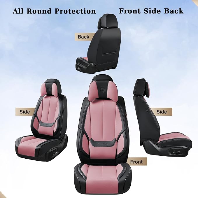Coverado Universal Seat Covers Full Set, 5 Seats Universal Seat Covers for Cars, Waterproof Nappa Leather Car Seat Covers with Head Pillow, Auto Protectors Fit for Most Pick-up Truck, Black&Pink