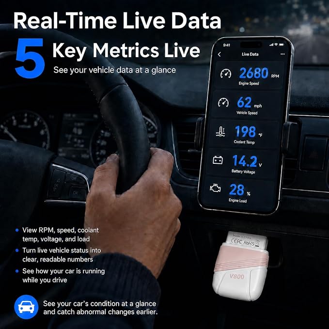OBD2 Scanner,Portable Bluetooth Car Diagnostic Tool for OBDII Cars,Fast 4-System Scan, Auto VIN for 10K+ Vehicles, Live Data, 200K+ DTC Lookup, I/M Readiness, for Emissions & Repairs