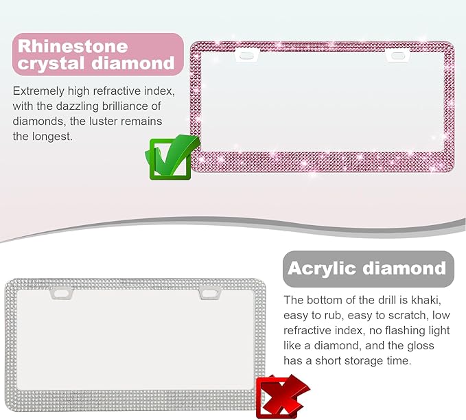 QUANQIUFEI 2 Pack Bling License Plate Frames for Women, Sparkly Rhinestone Diamond Car Accessories with Glitter Crystal Caps (Dark Pink)