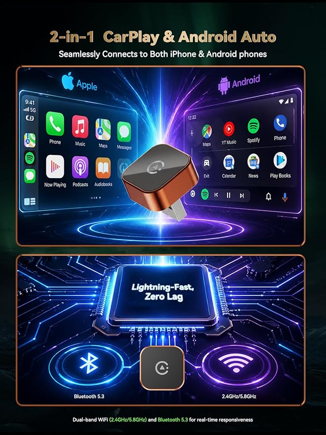 2026 Wireless CarPlay & Android Auto Adapter, Mini 2-in-1 Plug & Play Dongle Converts Wired to Wireless – Auto Reconnect, Low Latency, Works with iOS 10+ & Android 11+ for After 2016 Cars