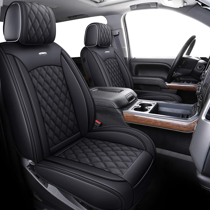 Aierxuan Chevy Silverado GMC Sierra 2 Front Seat Covers Pickup Custom Fit 2007-2026 1500 2500HD 3500HD Crew Double Extended Cab Waterproof Leather Seat Protectors(2 PCS Front, Black)