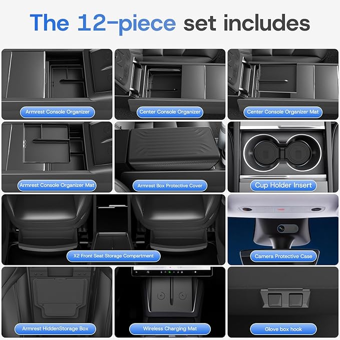 12PCS Center Console Organizer Tray for 2025 2026 Tesla Model Y Juniper Accessories, Under Seat Storage Armrest Hidden Storage Box Glove Box Hook Armrest Cover (Black, 12PCS 25-26 Model Y)