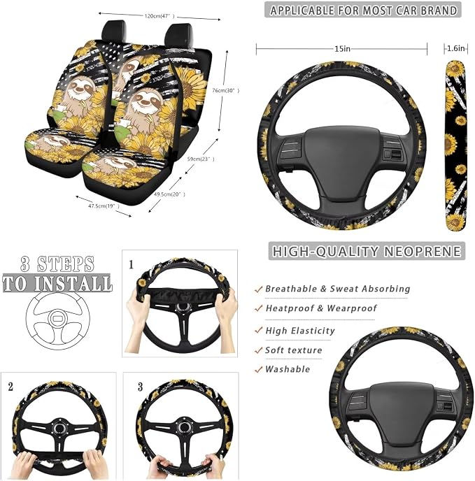 Suobstales Sloth Sunflower American Flag Print Car Accessories Set of 13, Car Front & Rear Seat Covers with Steering Wheel Cover, Seat Belt Pad, Trash Can, Rearview Mirror Cover, Coaster, Keychains
