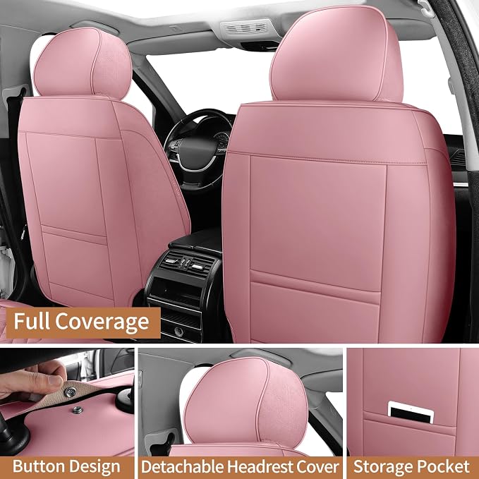 Pink Leather Car Seat Covers Full Set Breathable Seat Protectors Waterproof Automotive Seat Covers Universal Fit for Most Cars SUVs Trucks Vehicles