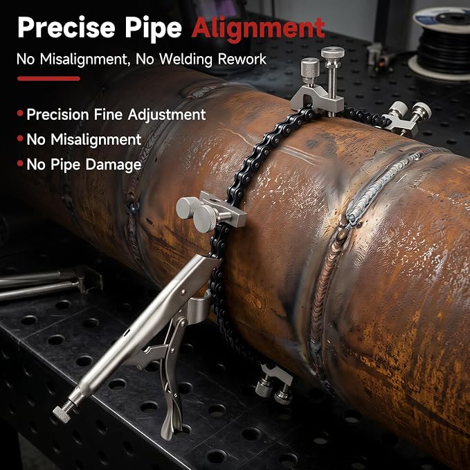 Pipe Alignment Chain Clamp, Welding Clamp 14" Max Diameter | 4 Stainless Steel Screws and Quick Release Nickel-Plated Handle for Pipe Fitting & Welding