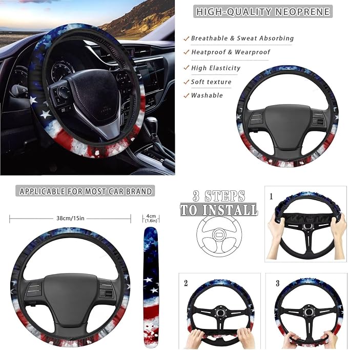 Eagle Print 14Pcs Car Interior Cover Set American Flag Print Car Front Rear Seat Covers Steering Wheel Cover Center Console Pad Safety Belt Pads for Men Women, Easy to Install