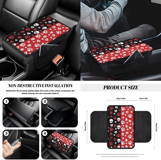 Skull Love Print Car Seat Covers Full Set Dog Paw Print Car Seat Covers Front and Back Full Set with Steering Wheel Cover Armrest Cushion Safety Belt Pads Garbage Bag Cup Coasters