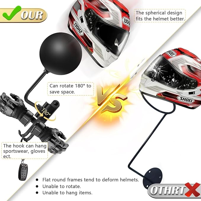 Kikerike Motorcycle Helmet Rack Wall Mount 180 Degree Rotation Metal Bike Helmet Holder Mount Bicycle Helmet Display Hanger Stand with 2 Hooks for Motorcycle Bike Baseball Rugby Helmet - 2 Pack