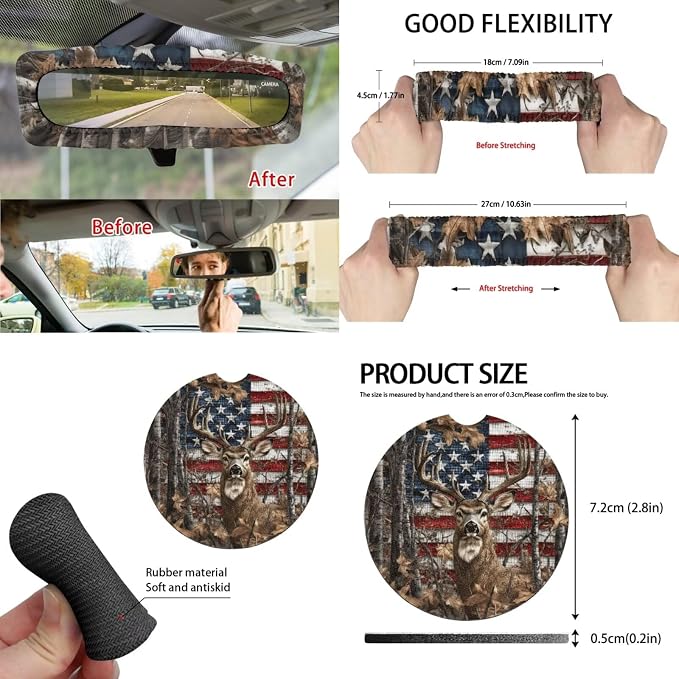 15 Pcs American Flag Deer Car Seat Covers Full Set for Women Cute Car Accessories Interior Car Steering Wheel Cover Seatbelt Covers Trash Bin Rear View Mirror Cover Cup Holders Keychain
