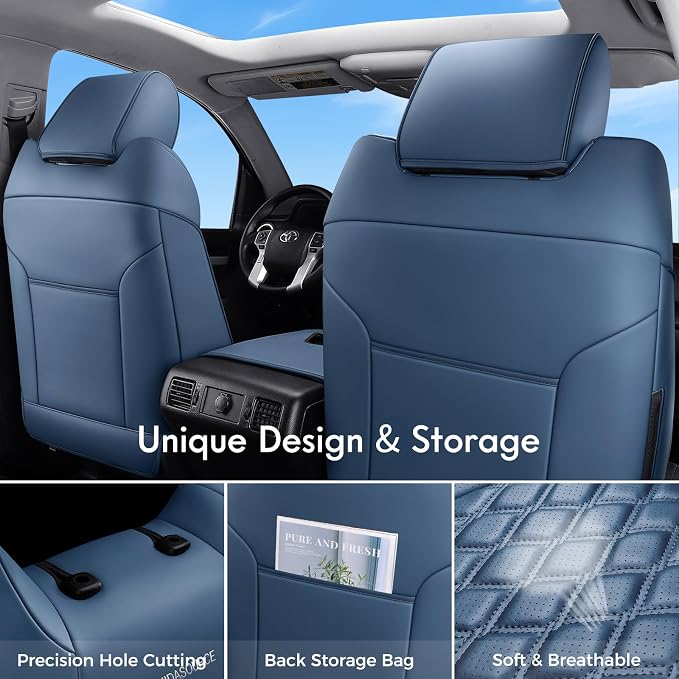 Huidasource fit for Toyota Tundra Seat Covers, Nappa Leather Truck Seat Covers, 360° Full-Coverage Toyota Seat Cover 2014-2021 CrewMax, Compatible with armrest airbags (Full Set/Blue)