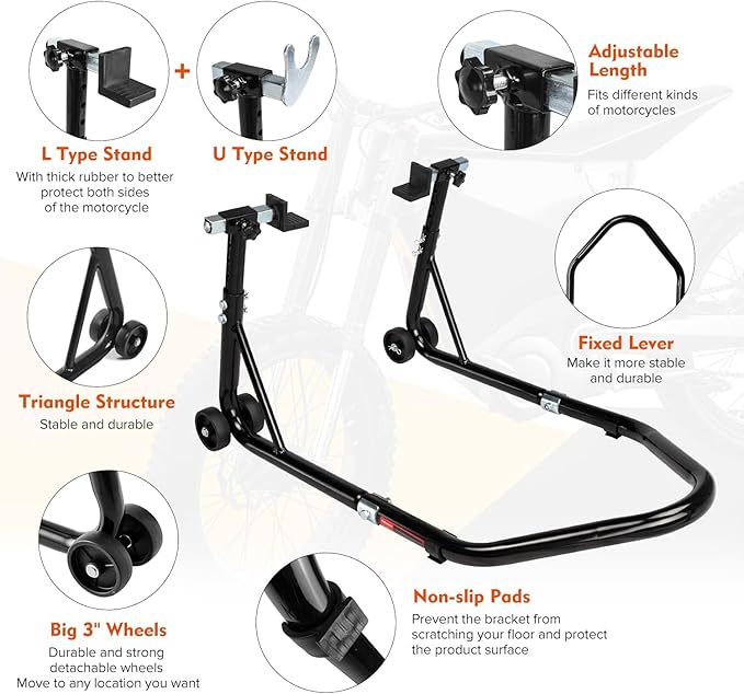 Donext Motorcycle Stand 850LB Adjustable Sport Bike Rear Wheel Lift Swingarm Paddock Stands Black, 5 Adjustable Heights, U+L