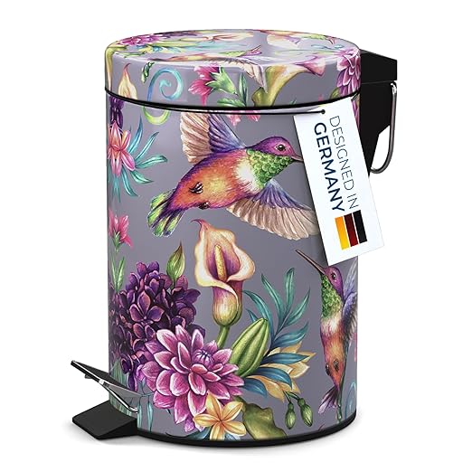 Sanilo Small Bathroom Trash Can with Lid [1.3 Gallon] - Lidded Tiny Trashcan for Garbage - Mini Metal Bin with Soft Closing Mechanism - Bath Room Accessoire Wastebin with Inner Bucket (Hummingbird)