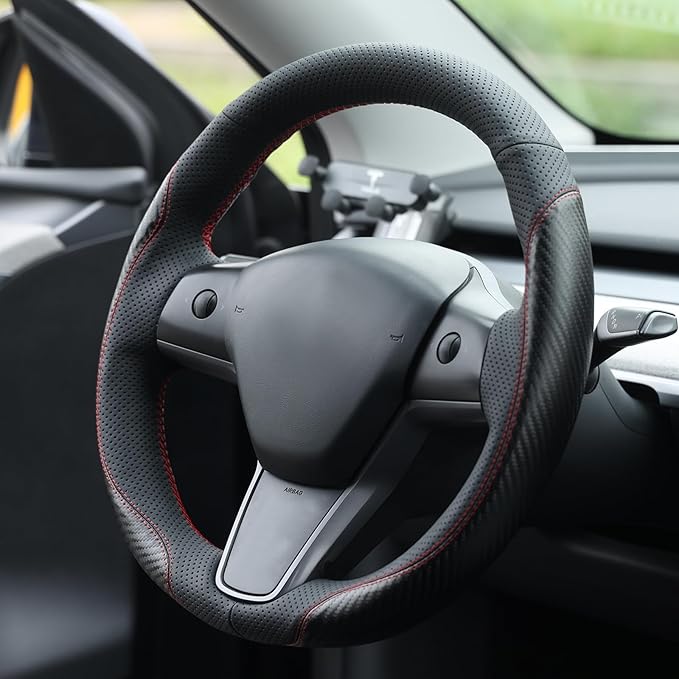 MEWANT Hand Stitch Steering Wheel Cover for Tesla Model 3 2017-2023 Model Y 2020-2023 Black Faux Leather PU Carbon Fiber Custom Fit DIY Wrap Interior Accessories