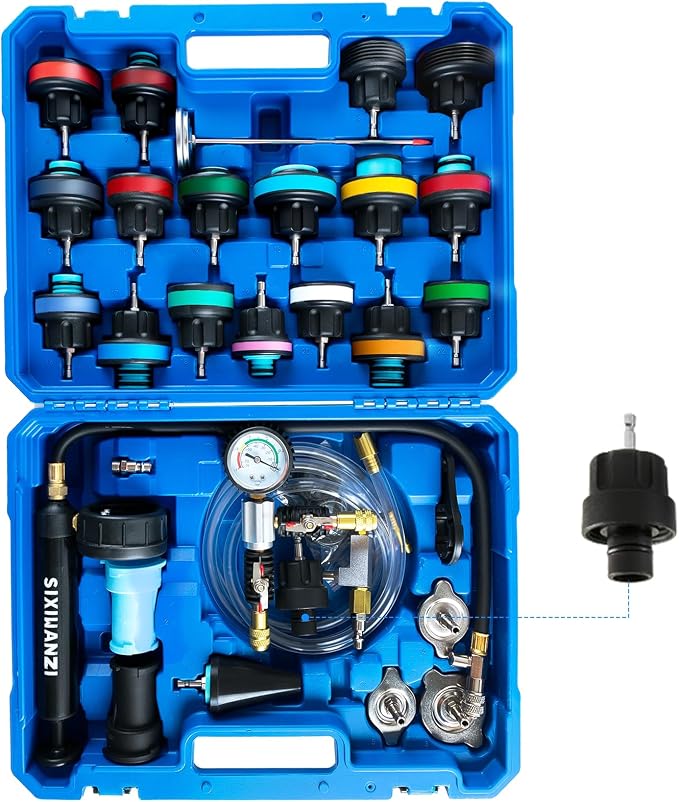 SIXIWANZI 31pc Coolant Pressure Tester and Vacuum Refill Kit with 24 Radiator Adapters, Universal Radiator Pressure Tester Kit for Automotive Cooling System Water Tank Leakage Detection