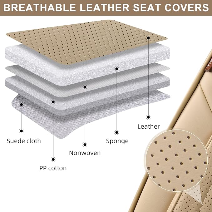 TIEHESYT Beige Car Seat Covers Full Set, Breathable Leather Automotive Front and Rear Seat Covers & Headrest for Comfortable Driving, Compatible with Most Cars Sedans SUV Pickup Trucks