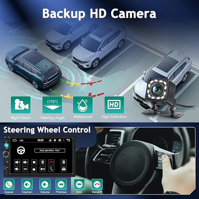 NHOPEEW 7 inch Double Din Car Stereo with Backup Camera, 2 Din Touch Screen Radio with Carplay & Android Auto, Bluetooth 5.0, Share Same Video, Calendar Viewing, Mirror Link, SWC + Rear View Camera