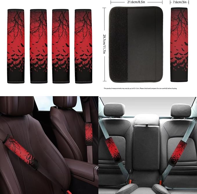 18Pcs Bat Car Seat Covers Full Set Center Console Cover+Steering Wheel Protector+Seat Belt Cover+Handbrake Protector+Car Cup Mats+Keychain+Headrest Cover Gothic Red Car Accessories