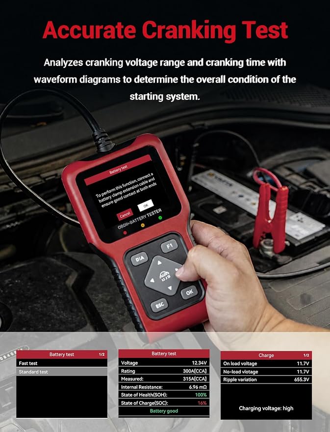 TesGo 2 in 1 OBD2 Scanner and Battery Tester, Car Diagnostic Tool for Check Engine Light, Carbon Buildup Test, I/M Readiness, DTC Lookup, Vehicle Info, Cranking Test, Vehicles 1996+