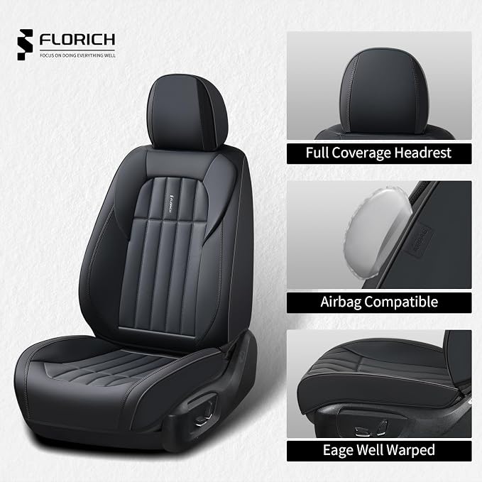 FLORICH Front Car Seat Covers, Leather Seat Covers for Cars, Waterproof Car Seat Protectors 2 Pack, Front Seat Covers for Cars, Automotive Seat Covers Protector Fit for Most Cars SUV Truck - Black