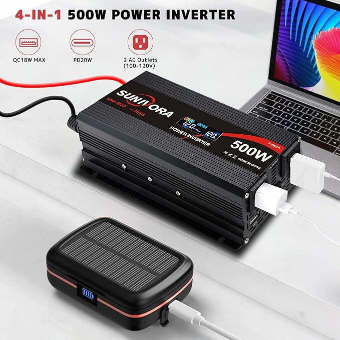 500 Watt Car Power Inverter 12V DC to 110V/120V AC Converter 1000W Peak with LCD Display, 2 AC Outlets & PD Type-C & USB 3.0, Car Plug in Adapter Outlet Supplies Power to Appliances on Car Boat