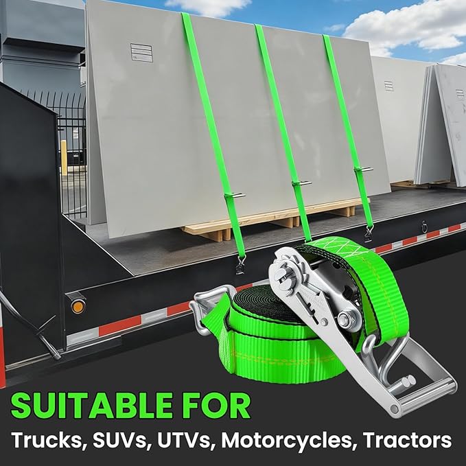 2"x20' Ratchet Straps with J Hooks - 10,000lb Break Strength/ 3,333lb Load Capacity Ratchet Tie Down Strap - Ratchet Straps Heavy Duty - Cargo Straps for Truck, Lawn Equipment, Car Roof, 4 Pack(Green)