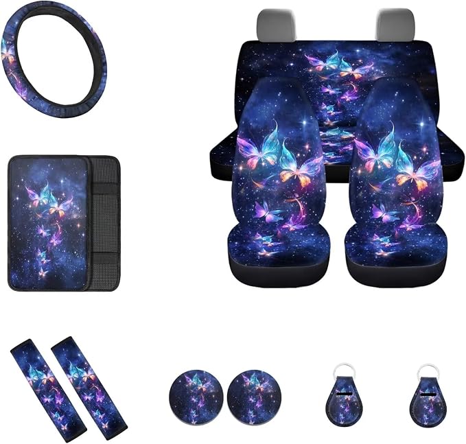Galaxy Butterfly Car Seat Covers Full Set 12Pcs Purple Butterflies Auto Seat Cover Front Rear Seats Protection,Butterfly Steering Wheel Cover Keychain Armrest Pads for Women Interior Sets