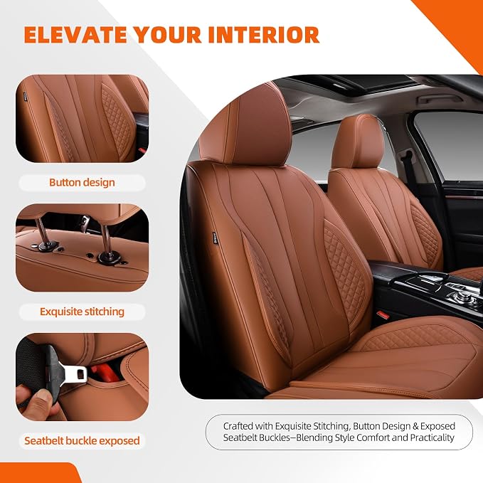 5-Seater Car Seat Covers Full Set, Fit for Front and Rear Seats of Cars, Waterproof and Breathable Nappa Leather, Compatible with Airbags, Car Seat Protector Covers for Most Cars - Brown