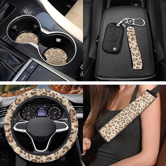 Leopard Print 11 Pieces Car Seat Covers Full Set Car Front Seat Cover Rear View Mirror Cover Steering Wheel Cover Seat Belt Pad Cover Gear Lever Cover Fits for Cars,SUVs