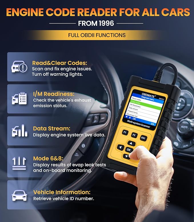 OBD2 Scanner for Honda Acura, OBDMATE OM707 Full Systems Diagnostic Tool with 15 Reset Services Auto VIN, Battery Test, One-Key I/M Readiness, No Subscriptions Lifetime Update