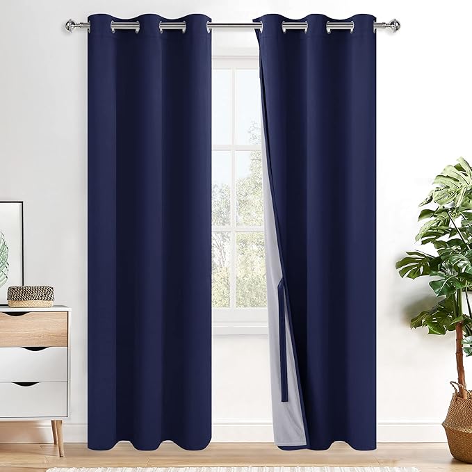 XWZO Full Shading Blackout Curtains 84 Inches Length with Tiebacks- Heat and Light Blocking Ring Top Window Drapes with Black Liner Backing for Bedroom/Kid's Room, Navy Blue, W42 x L84, Set of 2